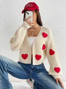 Flirla Heart Pattern Drop Shoulder Duster Cardigan Fall Winter Cloth For Women - Multicolor - View 6