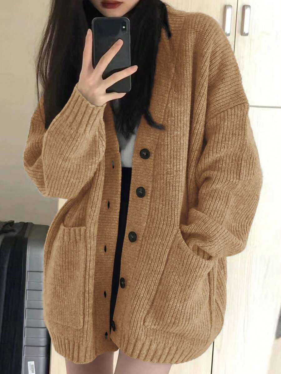 Alicedudu 纯色落肩宽松开衫，休闲百搭 - 黃色 - 查看 1