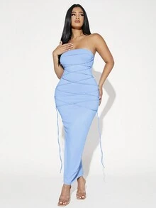 SHEIN SXY Solid Lace Up Front Bodycon Tube Dress - Baby Blue - View 4