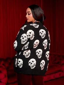 SHEIN SXY Áo khoác cardigan hở vai họa tiết đầu lâu cỡ lớn - màu đen - Xem 2