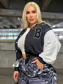 SHEIN SXY 大碼字母貼片落肩短款衛衣 - 黑與白 - 查看 4