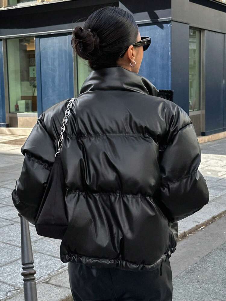 Women Solid Color Long Sleeve Single-Breasted Stand Collar Casual Winter Jacket Leather Jacket Women Coats
