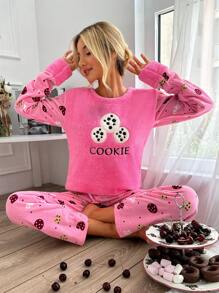 RueChic Letter & Cartoon Graphic Flannel PJ Set - Pink - View 1