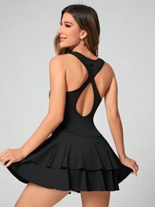 Gameset SHEIN Sport Solid Criss Cross Backless Ruffle Hem Active Dress Sport Dressworkout Dresstennis Dressactive Dress
