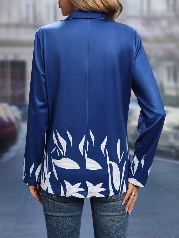 Plant Print Lapel Collar Open Front Coat Fall Cloth For Women