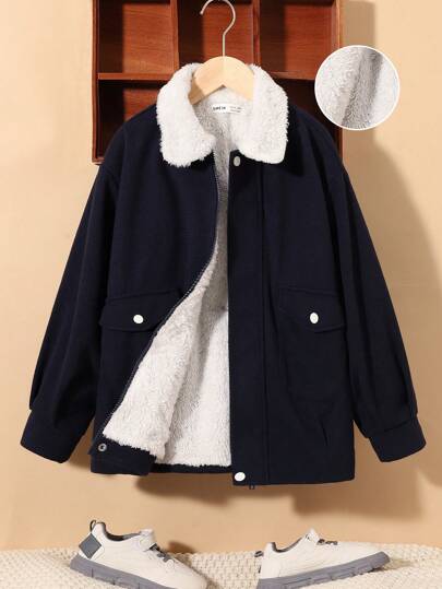 SHEIN Tween Boy Borg Collar Teddy Lined Flap Pocket Overcoat