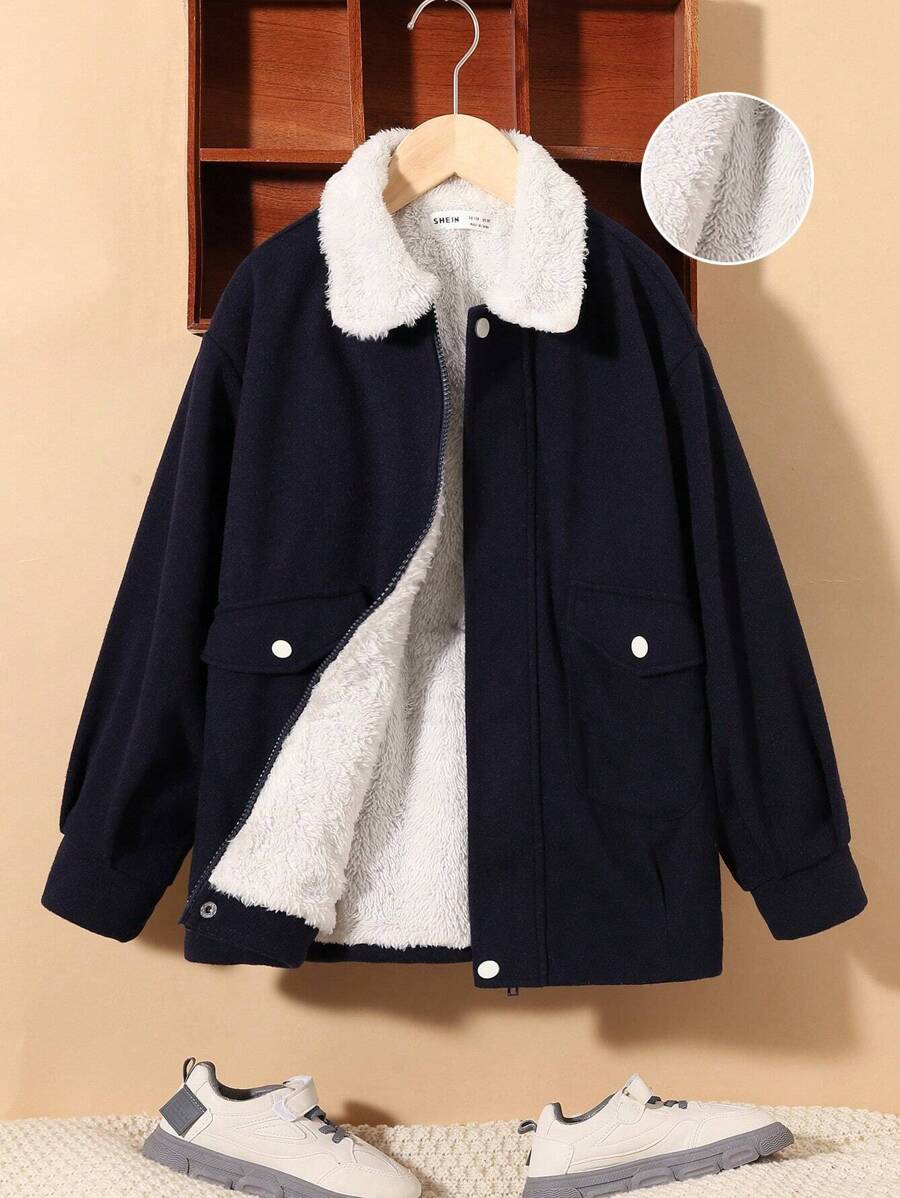 SHEIN Tween Boy Borg Collar Teddy Lined Flap Pocket Overcoat