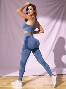 Seamless High Stretch Sports Bra With Leggings - Dusty Blue - View 2