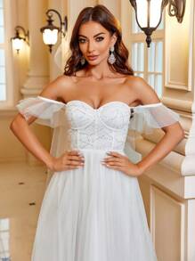 SHEIN Belle Off Shoulder Lớp phủ lưới Váy dự tiệc - trắng - Xem 6