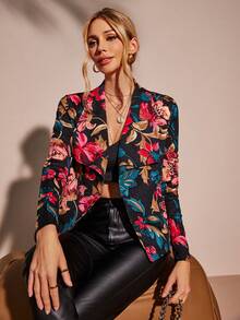 SHEIN LUNE 花卉印花青果領開襟夾克 - 彩色 - 查看 5