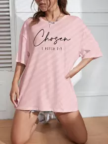 INAWLY Letter Graphic Drop Shoulder Tee Chosen 1 PETER Graphic Tees Women Tops - Pink - View 3