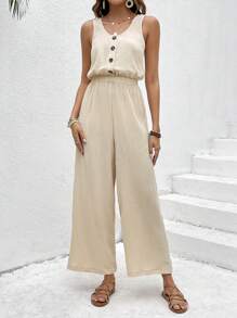 SHEIN VCAY 正面鈕扣闊腿背心連身褲 - 卡其色 - 查看 5