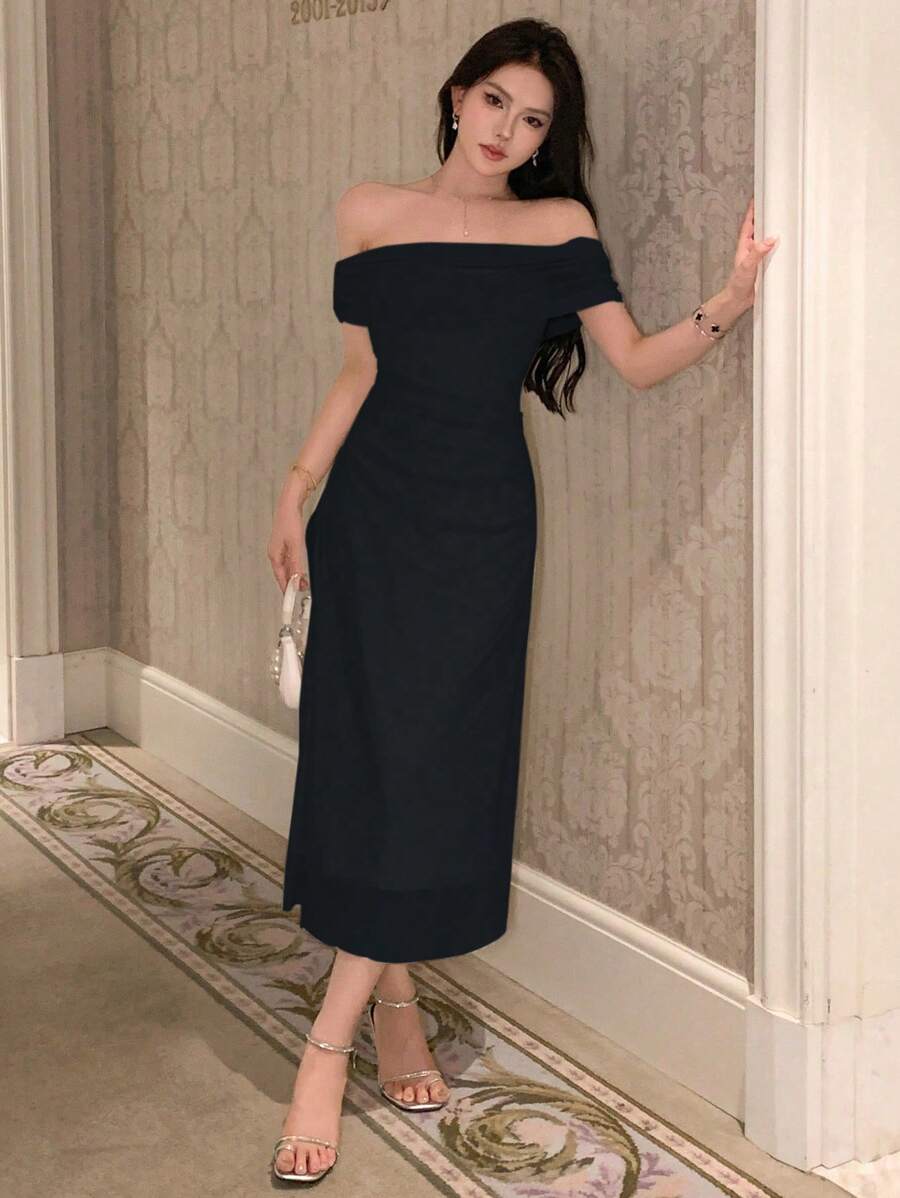 DAZY 纯色露肩褶皱连衣裙，生日、新年、舞会、优雅吊带裙、返校节礼服、婚纱、嘉年华女装 - 黑色 - 查看 1