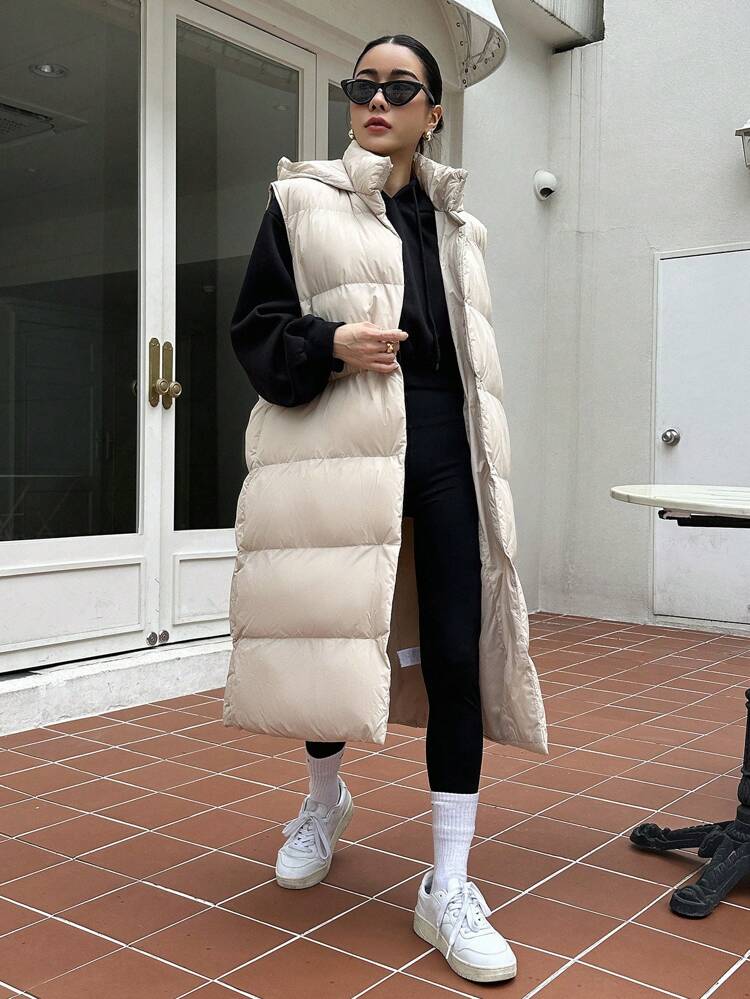 Solid Button Front Vest Padded Pockets Coat, Women Winter Coat