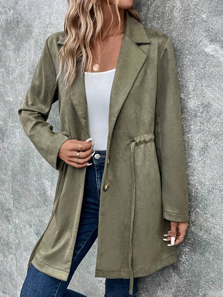 Lapel Neck Drawstring Waist Button Front Coat Fall Cloth For Women