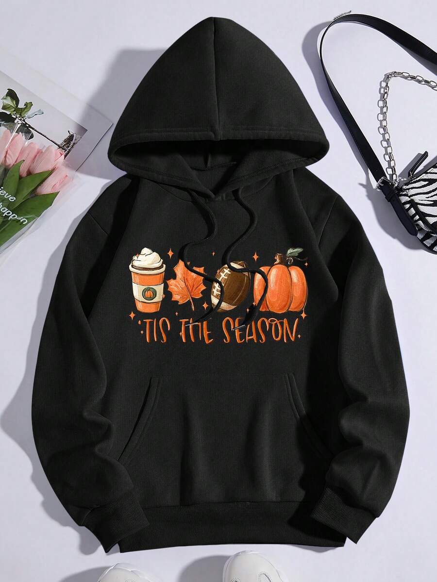SHEIN EZwear Plus Size Pumpkin And Slogan Graphic Kangaroo Pocket Drawstring Thermal Sweatshirt - Black - View 1