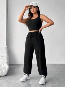SHEIN EZwear Plus Solid Tank Top & Drawstring Waist Sweatpants - Black - View 4