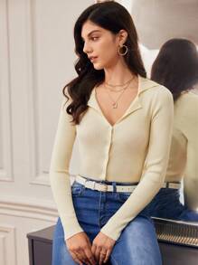 SHEIN Frenchy Solid Ribbed Knit Button Front Cardigan Winter Casual - Beige - View 4