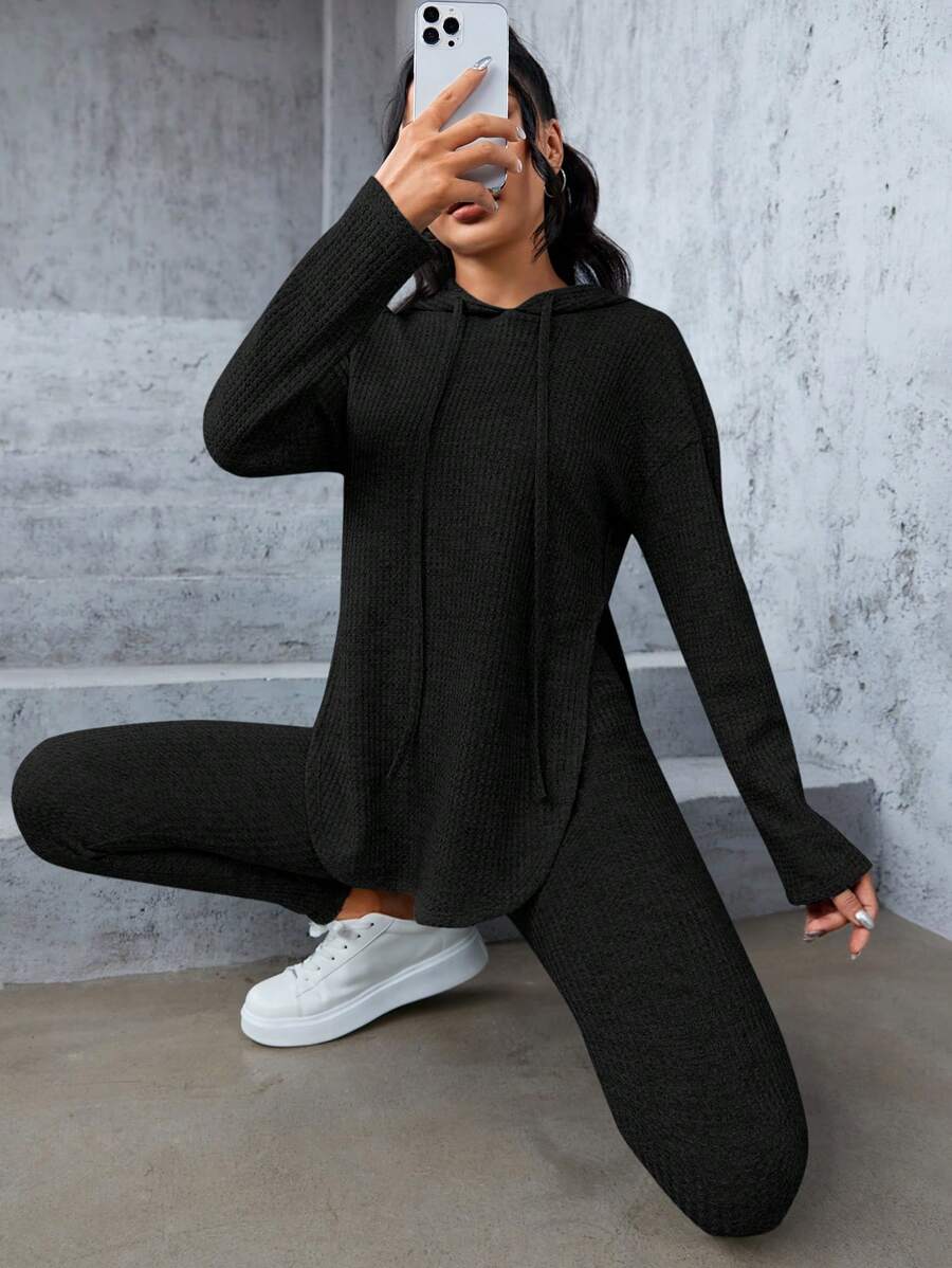 SHEIN PETITE Split Hem Drawstring Hooded Sweatshirt & Leggings - Black - View 1