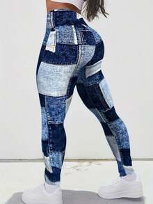 Plus Patchwork Print Wideband Waist Leggings - Blue - View 2