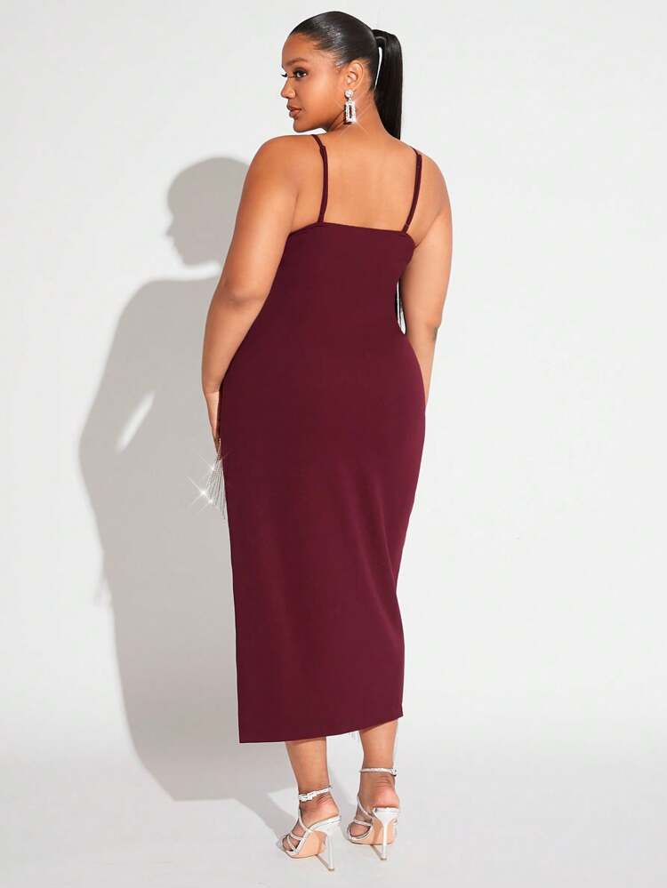 Plus Size Red Tank Dress With Rhinestone Fringe Hem And High Side Slit, Sexy Outfit For Club And Valentine's Day