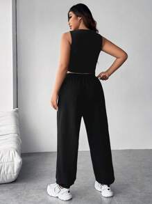 SHEIN EZwear Plus Solid Tank Top & Drawstring Waist Sweatpants - Black - View 2