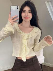 DAZY Solid Ruffle Trim Flounce Sleeve Crop Sweater,Fall Women Clothes - Apricot - View 3