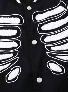 Manfinity Roughcore Men Skeleton Print Striped Trim Jacket,Black And White,Autumn,Streetwear,Holiday,Back-To-School Halloween Graphic Baseball Long Sleeve Color Block - Black - View 5