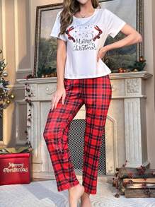 Christmas Print Tee & Plaid Pants PJ Set - Multicolor - View 4