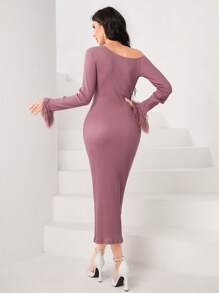 Modelyn Asymmetrical Neck Fuzzy Cuff Bodycon Dress Without Belt Long Evening Dresses