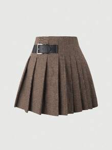SHEIN MOD In Houndstooth Chi tiết nút buộc Chân Váy xếp ly - Cà phê nâu - Xem 1