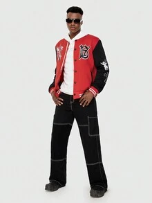 ROMWE MEN Street Life Guys Letter Graphic Striped Trim Colorblock Varsity Jacket - Multicolor - View 2