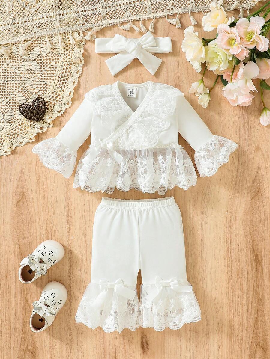 SHEIN Baby Girl Contrast Lace Flounce Sleeve Top & Pants & Headband Photography Set - White - View 1