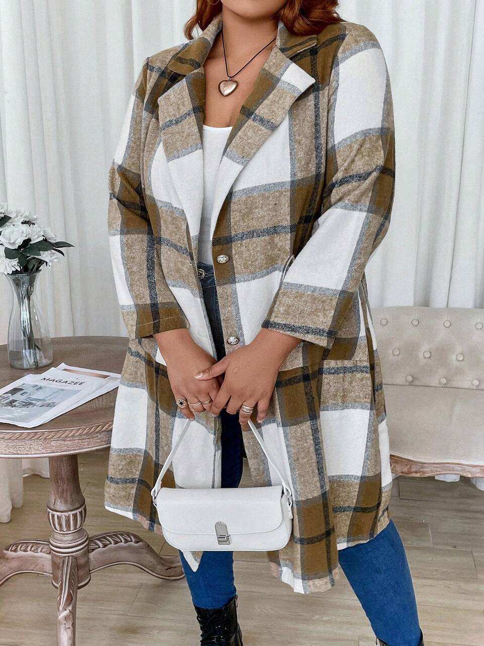 Plus Plaid Print Lapel Neck Overcoat Fall Cloth For Women