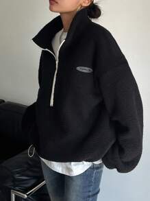 DAZY Letter Patched Detail Drop Shoulder Drawstring Hem Teddy Sweatshirt,Long Sleeve Tops,Fall Women Clothes