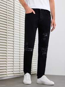 RueChic Men Ripped Frayed Straight Leg Jeans - Black - View 3