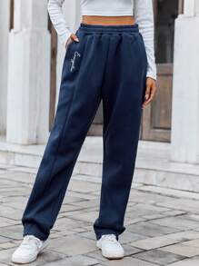 SHEIN Cottnline Letter Pattern Elastic Waist Sweatpants - Navy Blue - View 3