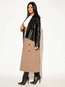 SHEIN SXY 秋冬双色双排扣腰带风衣 - 卡其色 - 查看 5