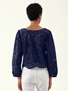 GENKIRA Áo cánh khoét lỗ thêu buộc cổ - Màu xanh hải quân - Xem 2