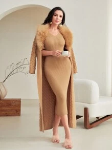 Modelyn Solid Bodycon Sweater Dress & Fuzzy Trim Duster Cardigan 2 Piece Set - Camel - View 1
