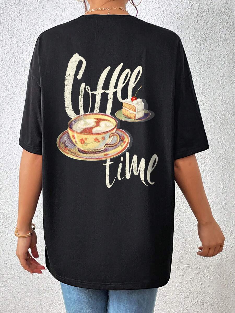 SHEIN Essnce Letter Graphic Drop Shoulder Tee - Black - View 1