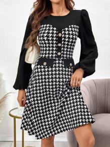 SHEIN Clasi Houndstooth Print Lantern Sleeve Dress - Black and White - View 3