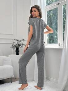 Set homewear de cuello con cordón de manga raglán - Gris - Ver 2