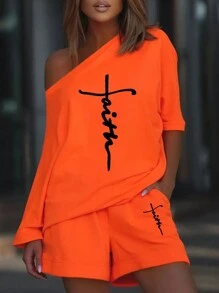 ChicMe Bộ 2 món gồm áo và quần short in họa tiết, trang phục thường ngày mùa hè cho nữ. - trái cam - Xem 1