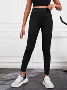 SHEIN Leap Crew 女大童純色收腹臀部可拉伸運動褲 - 黑色 - 查看 4