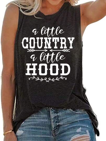 INAWLY لباس علوي بدون أكمام برسومات شعارات، لباس علوي حفلات ريفية، تي شيرت برسم A Little COUNTRY A Little HOOD، لباس علوي نسائية
