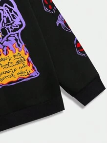 ROMWE MEN Street Life 男士口號和卡通圖形束口帽衫 - 黑色 - 查看 3