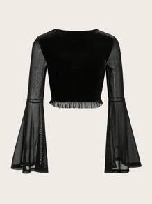 SHEIN ICON 萬聖節前繫帶網紗拼接荷葉袖褶邊短款上衣 - 黑色 - 查看 7