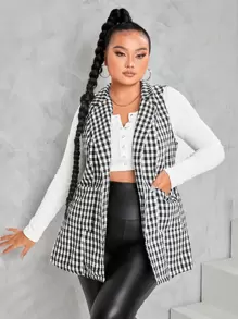 SHEIN Unity معطف صديري طباعة مربع النقش بدون حزام مقاس كبير - أبيض وأسود - مشاهدة 5