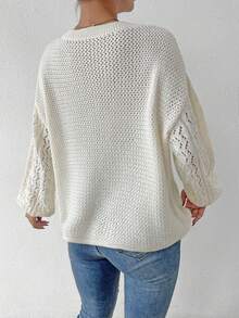 SHEIN LUNE Chất rắn Thả vai Dệt kim chấm bi Áo len - trắng - Xem 2